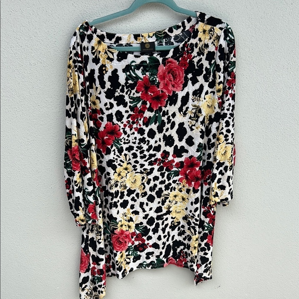 JM Collection Black and Red Asymmetrical Tunic with Long Sleeves 3X